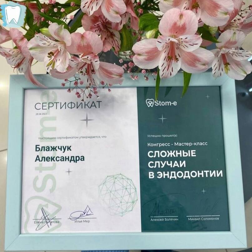 Недавно наш стоматолог-терапевт Александра Николаевна Блажчук принимала участие в конгрессе (мастер-классе) "Сложные случаи в эндодонтии" (г. Москва). Недавно наш стоматолог-терапевт Александра Николаевна Блажчук принимала участие в конгрессе (мастер-классе) "Сложные случаи в эндодонтии" (г. Москва).